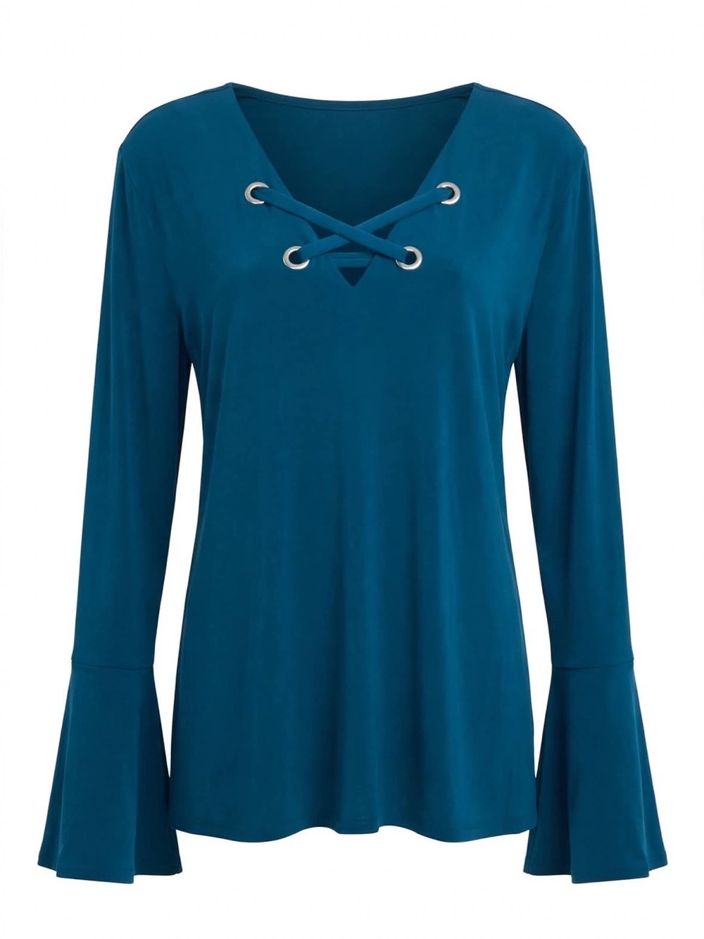 Michael Kors NWT XL Luxe Teal Lace-Up Bell Sleeve Top $125 V-Neck Grommet